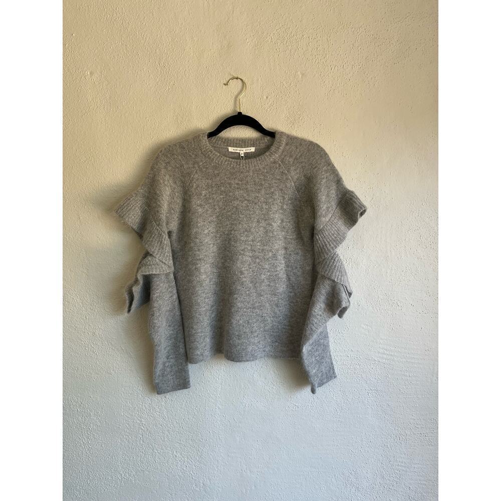 Anthropologie Endless Rose Ruffled Cutout Sleeve Crew Neck Fuzzy Sweater…